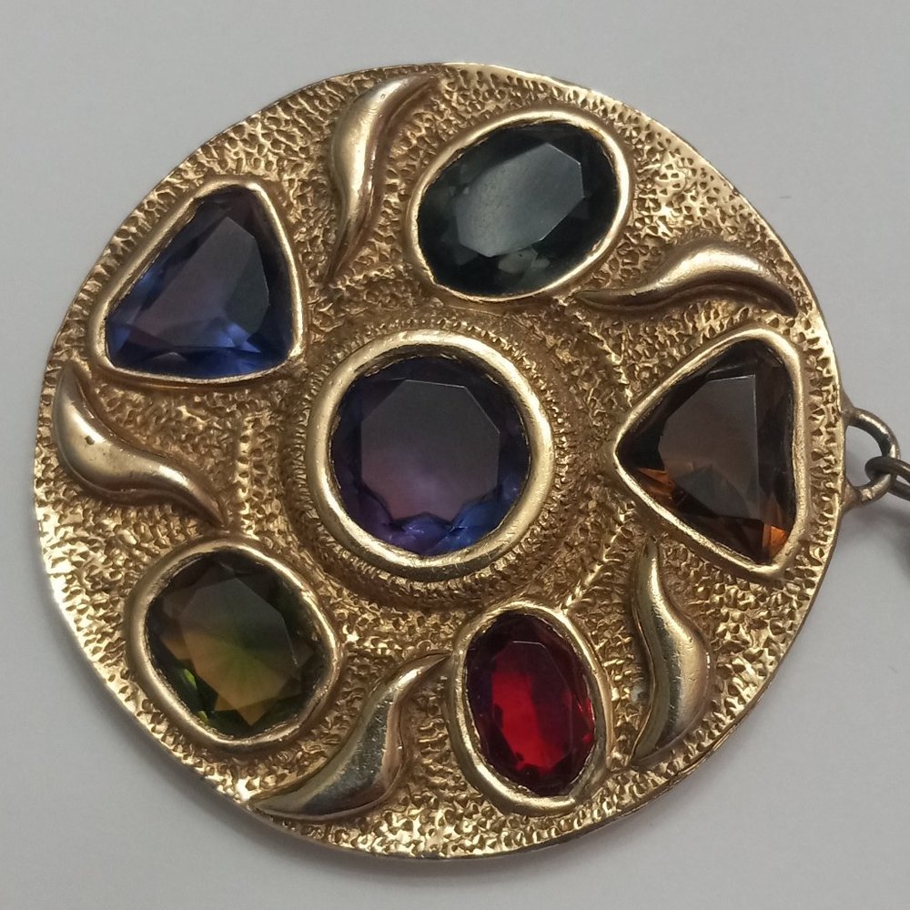 Large Vintage Pendant Necklace with 6 Multi-Colored Rhinestones - Picture 2 of 7